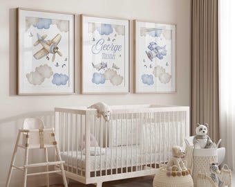 Personalized Vintage Airplane Nursery Prints: Cloudy Sky Decor, Baby Boy Room, Set of 3