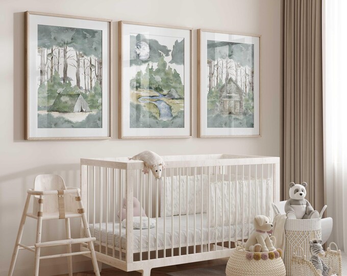 Rustic camping Nursery wall art prints, Green woodland nursery prints, Watercolor Forest nursery decor, Set of 3 prints, River Wall Prints