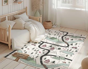 Personalized kids play rug | Mountain nursery play mat | woodland play rug | Kids Mountain Village Play Rug | Custom Kids Rug | toddler Gift