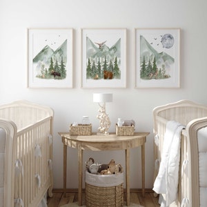 Mountain nursery decor | woodlands nursery decor | forest animals nursery decor | unframed set of three watercolor nursery prints | green