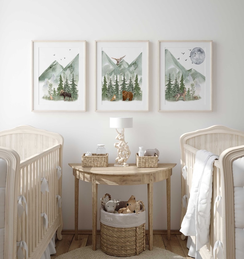 Mountain nursery decor | woodlands nursery decor | forest animals nursery decor | unframed set of three watercolor nursery prints | green