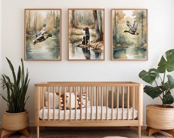 Watercolor duck nursery wall decor | duck hunting nursery prints | Hunting Dog nursery Prints | Set of 3 prints | Boy Hunting Nursery Decor