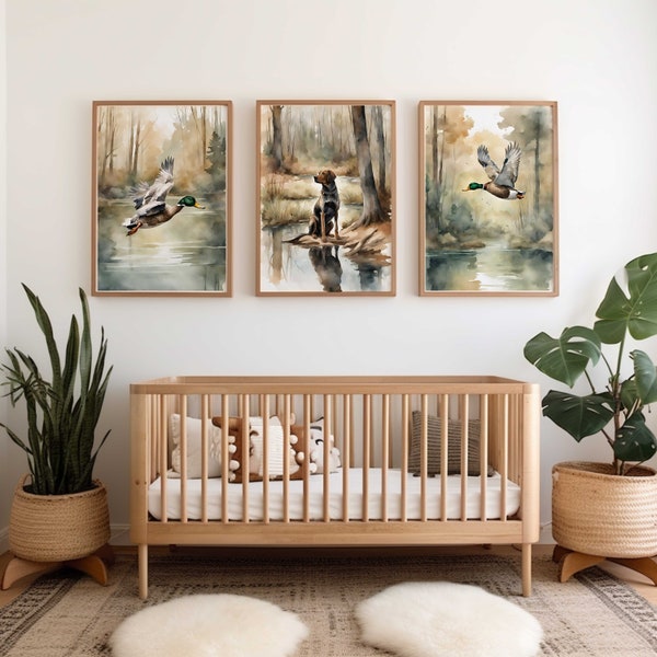 Aquarell Ente Kinderzimmer Wanddekoration | Entenjagd-Kinderzimmerdrucke | Jagdhund-Kinderzimmerdrucke | Set mit 3 Drucken | Junge Jagd Kinderzimmer Dekor