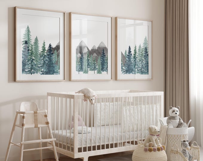 Mountain Nursery Wall Art Prints, Mountain Nursery Decor, Woodland Nursery Posters, Set of 3 Canvas Prints Gender Neutral Nursery Wall decor