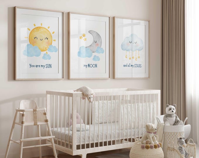 Sun Moon and Stars nursery prints, Moon and sun nursery wall decor, Baby Nursery Decor, Gender Neutral Prints, Set of 3 Nursery Prints