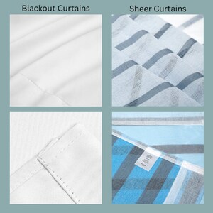 May include: A comparison of two curtain types. The left side shows solid white blackout curtains with a smooth texture. The right side displays sheer curtains featuring a blue and grey striped pattern with a visible care label on the fabric.