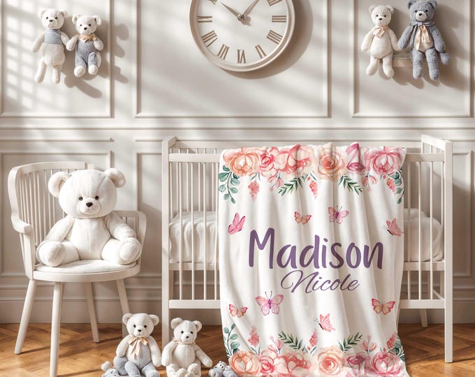 Personalized Rose Baby Blanket, Rose Nursery Decor, Baby Girl soft Blanket, Baby Shower gift, Pink Rose and Butterfly baby blanket