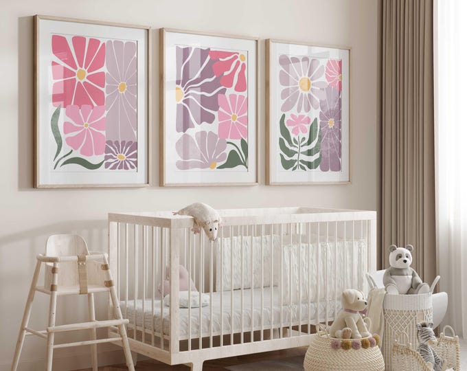 Wildflowers nursery wall decor, Pink and Purple Floral nursery prints, Abstract Floral Nursery Decor, Set of 3 prints, Baby Girl Nursery Art