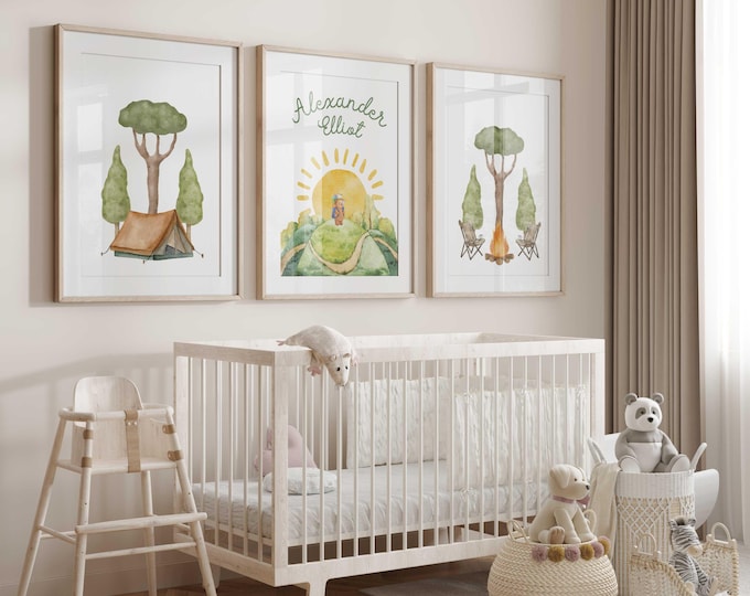 Camping Adventure Nursery Wall Art Set, Personalized Name Print with Tent, Campfire  Forest, Watercolor Woodland baby Boy Decor, Hiking Bear