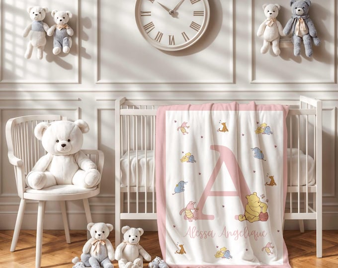 Personalized Winnie the Pooh Baby Blanket | Winnie the Pooh Bear Nursery Theme | Pink Baby Blanket | Baby Girl Pooh Crib Blanket | Baby Gift