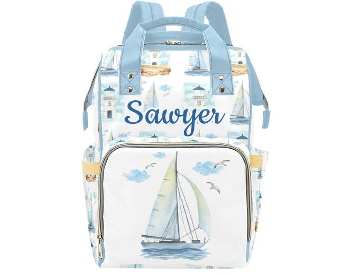 Nautical Backpack Diaper Bag, Sailboat Diaper Bag, Coastal Diaper Bag, Baby Shower Gift, Baby Accessory, Personalized Diaper Bag, blue