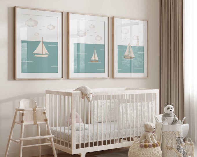 Sailboat nursery decor, Nautical Nursery Prints, Set of 3 prints, Teal Ocean Nursery Art Prints, Sail boats & Lighthouse, Gender Neutral