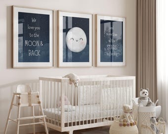 Moon and stars nursery wall decor | We love you to the moon and back wall art prints | Set of three watercolor nursery prints | Moon Prints