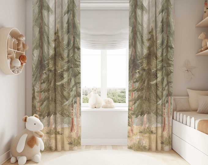 Pine Tree Nursery Curtains | Forest Nursery Decor | Kids Bedroom Curtains | Black Out Curtains | Woodland Nursery Window Curtains