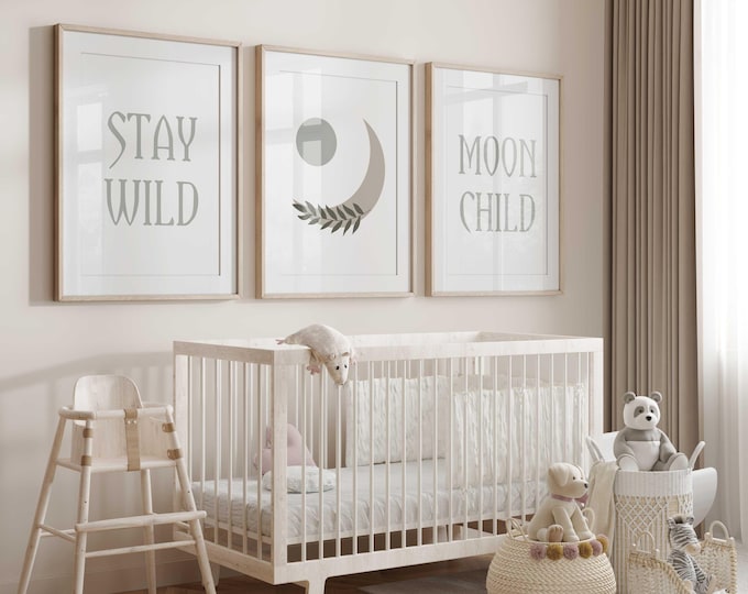 Boho Moon Child Nursery Prints, Set of 3, Stay Wild Moon Child Quote with Crescent Moon, Watercolor Baby Wall Art for gender neutral room
