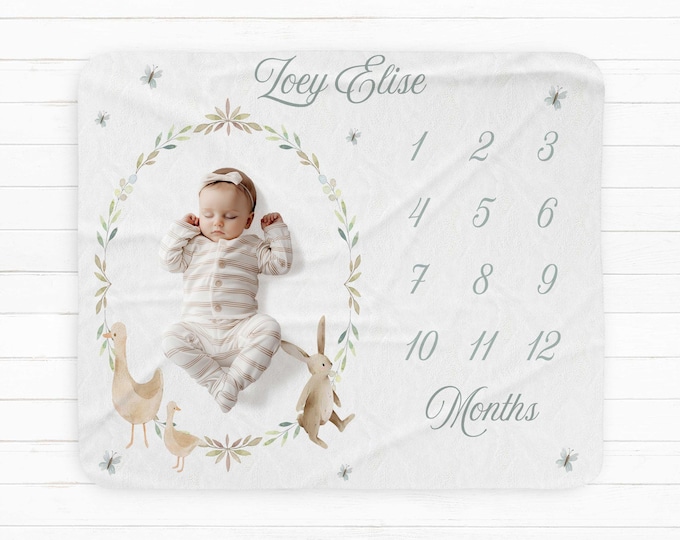 Personalized bunny and goose Baby Milestone Blanket: Animal Nursery Decor