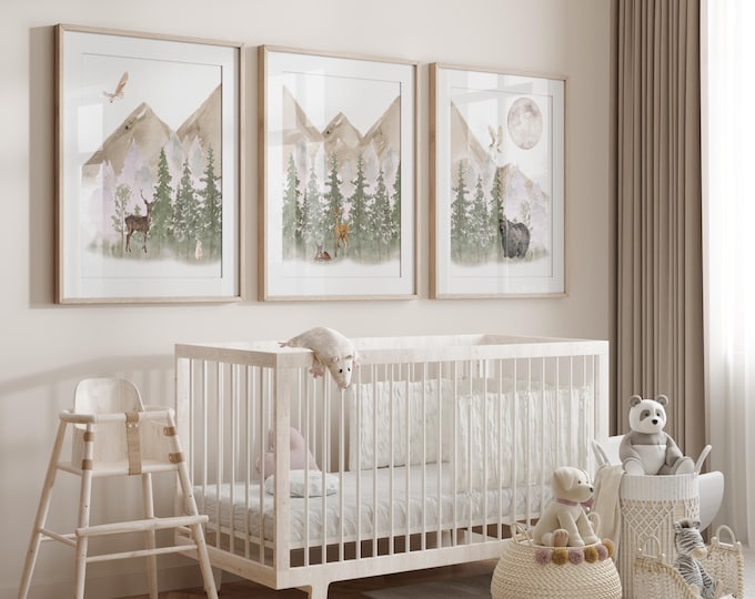 Mountain Nursery Wall Decor, Mountain Nursery Prints, Woodland Animal Prints, Forest Nursery Wall Art, Brown Mountain Nursery Art, Baby Gift