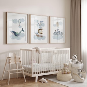 Nautical Nursery Prints: Whale, Ship, Submarine Art (Set of 3)
