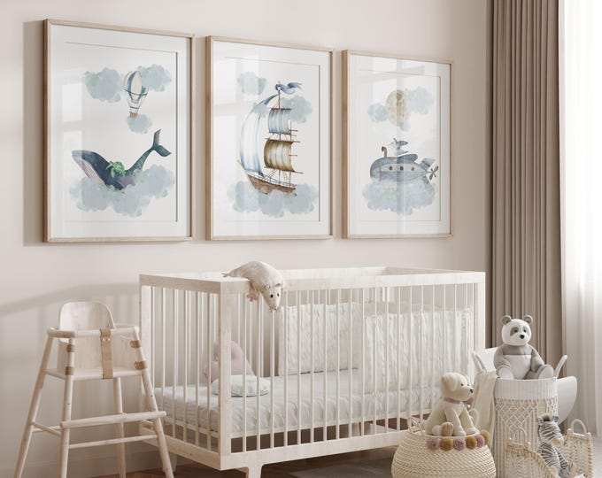 nautical nursery prints | nautical sky nursery decor | Boy Nursery Prints | unframed set of three nursery prints | whale wall art | Maritime