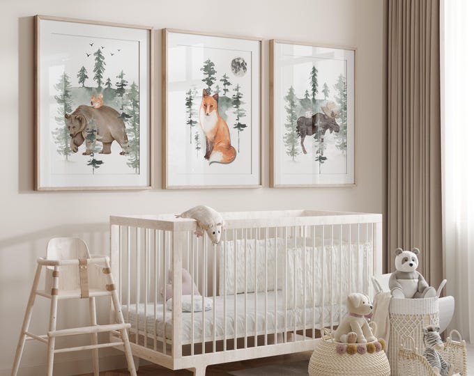 Woodland Nursery Print Set, Bear, Fox, Moose with forest animals, Watercolor Woodland Baby Room Wall Art, Set of 3 Neutral Nursery Prints