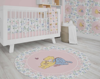Winnie the Pooh nursery area rug | 5-foot Round Area rug | Pink Pooh bear nursery rug | Carpet for kids' bedroom | Girls Round kids rug