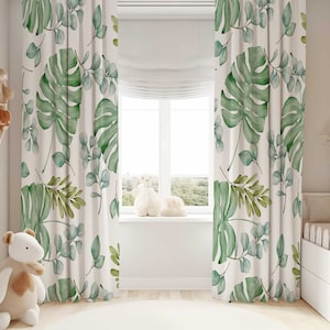 Jungle Leaf Nursery Curtains | Jungle Theme Nursery Decor | Kids Bedroom Curtains | Black Out Curtains | Tropical Window Curtains | Green
