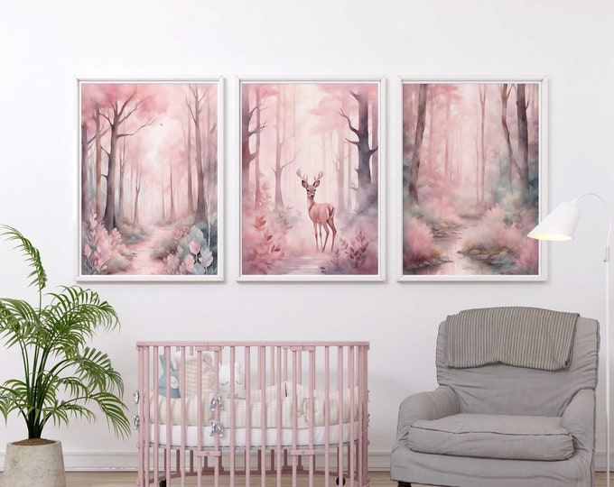 Pink enchanted forest nursery decor | Enchanted Forest nursery wall art prints | Set of 3 watercolor nursery prints | Pink woodland Prints