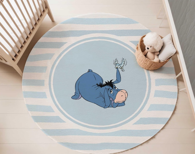 Eeyore nursery area rug, 5-foot Round Area rug, Blue Eeyore nursery rug, Carpet for kids' bedroom, Gender Neutral Round kids rug, Playroom