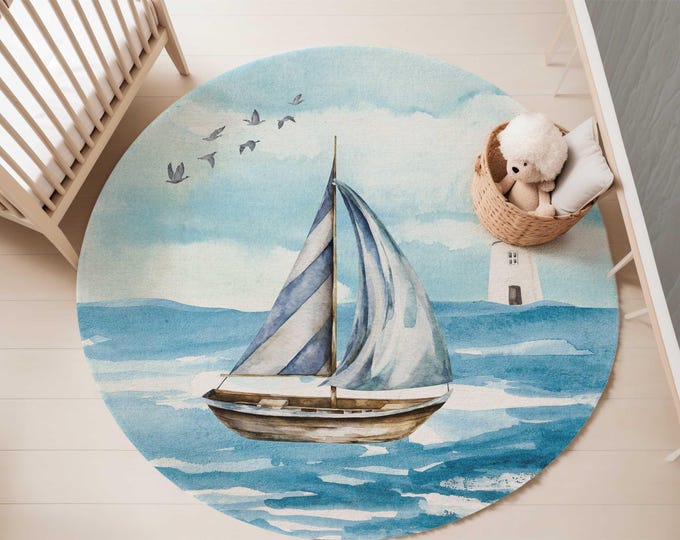 Sailboat nursery area rug, 5-foot Round Area rug, Nautical nursery rug, Carpet for kids' bedroom, Sailing the Ocean nursery rug, Blue decor