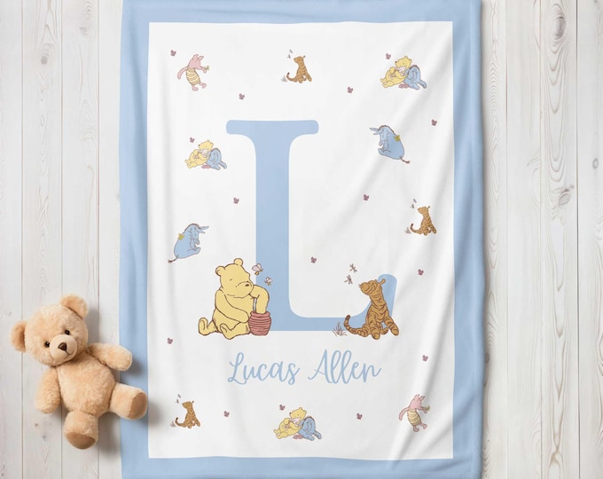 Personalized Winnie the Pooh Baby Blanket | Winnie the Pooh Bear Nursery Theme | Blue Baby Blanket | Baby Boy Pooh Crib Blanket | Baby Gift