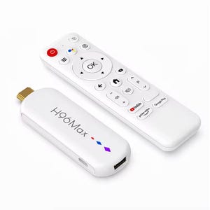 May include: A white H96Max streaming media stick with a gold HDMI connector and a matching white remote control. The remote features a red power button, a central OK navigation pad, and dedicated buttons for YouTube, Prime Video, and Google Play.