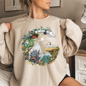 Spirited Away Embroidered Tapestry Crewneck Sweater Shirt ft Chihiro, No Face, Haku Studio Ghibli Merch Decor Christmas Gift