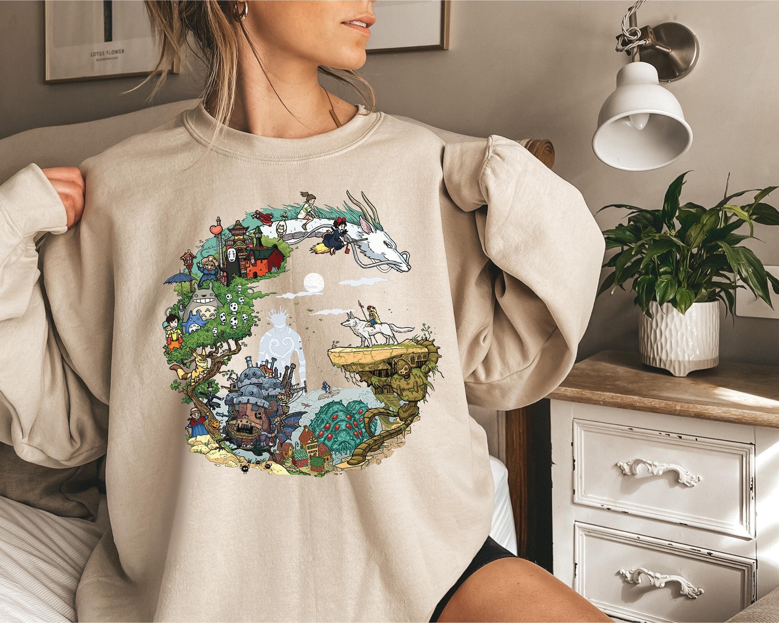 Spirited Away Embroidered Tapestry Crewneck Sweater Shirt ft Chihiro, No Face, Haku Studio Ghibli Merch Decor Christmas Gift