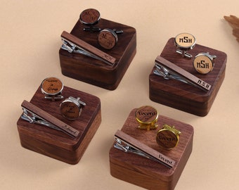 Custom Cufflinks & Tie Clip Set - Wood Metal Cufflinks, Tie Clip,  Cufflinks for Groomsmen Gifts, Engraved Cufflinks with Box