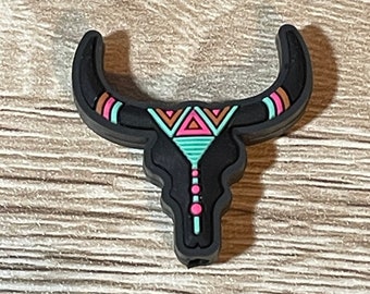 Longhorn Bull Skull Focal Bead - Black with Aztec pattern - Beads for pens/keychains/wristlets