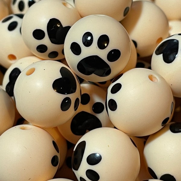 Bag of 10 (15mm) silicone beads - Cream with black animal paw - Bead for pens/keychains/wristlets