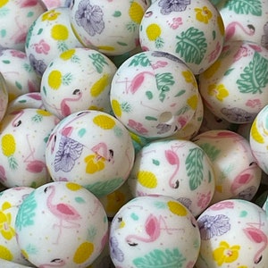 Flamingo Print Silicone Beads (15mm) - Bag of 10