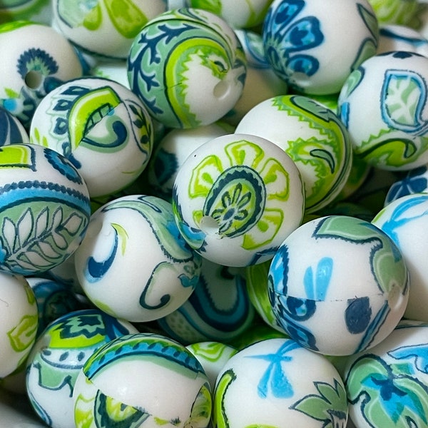 Bag of 10 (15mm) silicone beads - White w/ Blue and green paisley -Bead for pens/keychains/wristlets