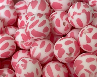 Pink & White Cow Print Silicone Beads (15mm) - Bag of 10