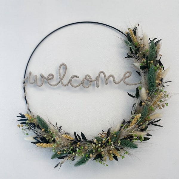 Türkranz Wire Art mit Trockenblumen | Welcomesign Willkommensschild | Strickschlauch Wilkommen Welcome Strick mit Draht