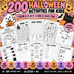 Puede incluir: Una colección de 200 páginas de actividades de Halloween imprimibles para niños, que incluye laberintos, sopas de letras, juegos de observación, puntos para unir, emparejamiento, caligrafía, tres en raya, anagramas y dibujos en blanco y negro.