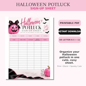 May include: A Halloween potluck sign-up sheet in pink and black with a pumpkin graphic, black ribbon, and bat illustrations. The document includes columns for name, dish, category, servings, and notes, formatted for US letter 8.5 x 11 inch paper.