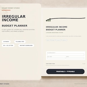May include: An Irregular Income Budget Planner document with a cream background and black text. The page features sections for income smoothing, a planner owner field, and month/year entries. It includes labels for 19 pages, fillable PDF, and A4/US Letter size.