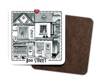 Set of 2 Spooky "Boo Street" coasters - cute ghosts, gothic coaster, halloween gift