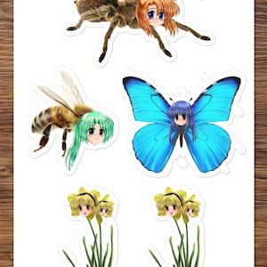 May include: A sheet of stickers featuring anime-style insects and flowers. The stickers include a tarantula, a bee, a blue butterfly, and two sets of yellow flowers. Each insect and flower has an anime-style face.