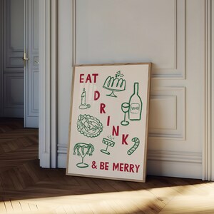 食べて飲んで楽しもうウォールアート、クリスマスウォールアート、ホリデーディナーアート、クリスマスディナープリント、クリスマスバーカートアート、ホリデーキッチンプリント