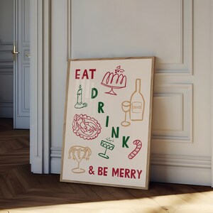 食べて飲んで楽しもうウォールアート、クリスマスウォールアート、ホリデーディナーアート、クリスマスディナープリント、クリスマスバーカートアート、ホリデーキッチンプリント