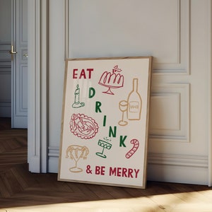食べて飲んで楽しもうウォールアート、クリスマスウォールアート、ホリデーディナーアート、クリスマスディナープリント、クリスマスバーカートアート、ホリデーキッチンプリント