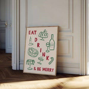 食べて飲んで楽しもうウォールアート、クリスマスウォールアート、ホリデーディナーアート、クリスマスディナープリント、クリスマスバーカートアート、ホリデーキッチンプリント