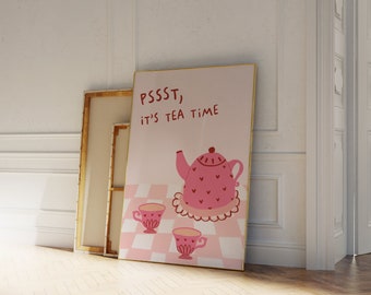 Pssst Es el arte de la pared de la hora del té, impresión de la cocina de la hora del té, cartel de la tetera, impresión linda de la taza de té, impresión de arte de la cocina retro, impresión femenina del amante del té
